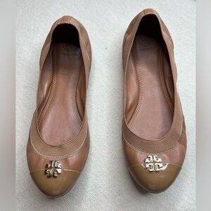 Tory Burch Tan Leather Joliet Cap-Toe Ballet Flats 9.5